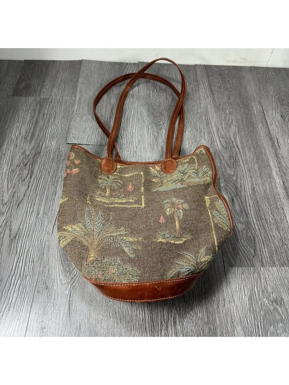 Tommy Bahama Vintage Handmade Tropical Palm Trees Canvas Round Leather Bag